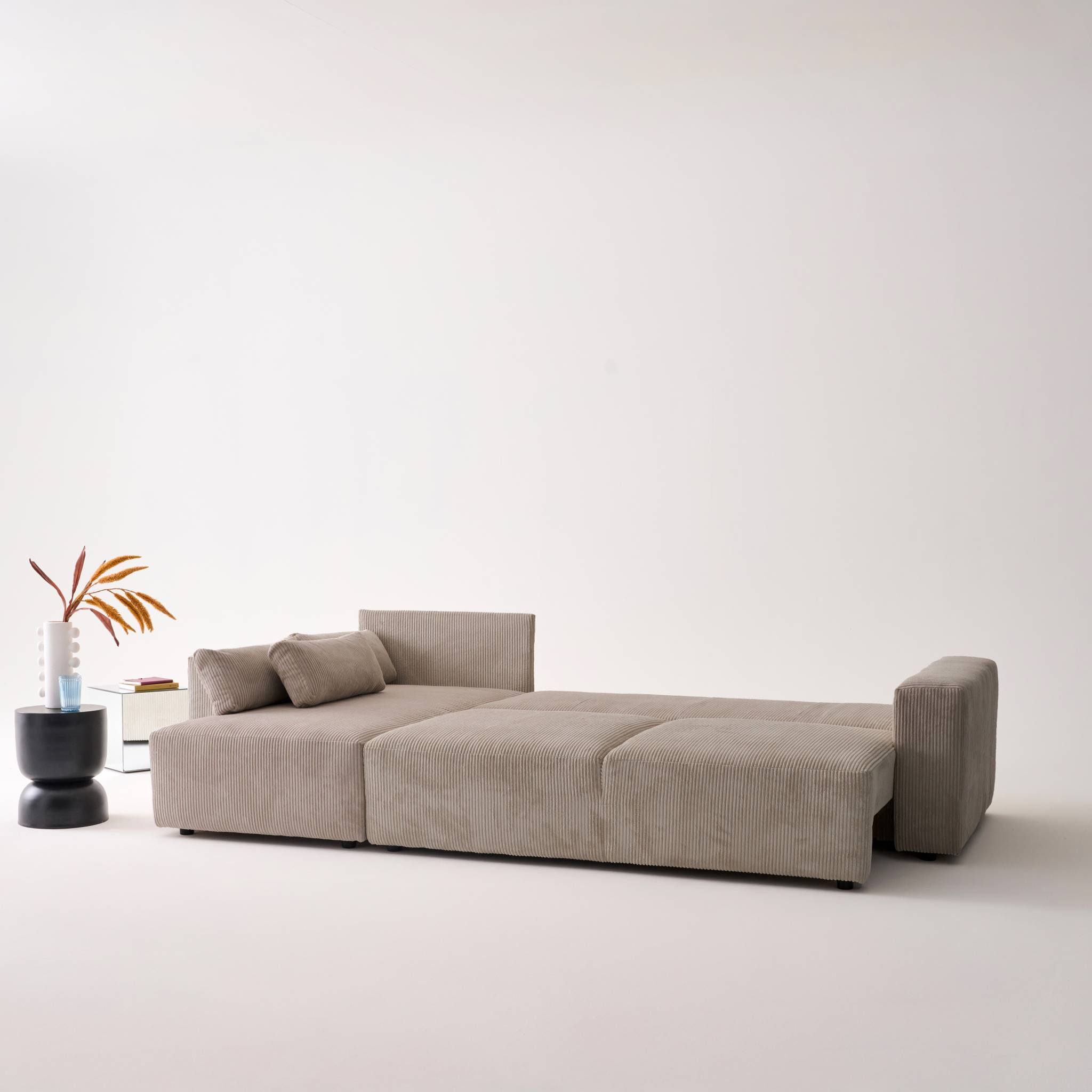 Canapé d'angle convertible réversible 5 places velours côtelé taupe avec coffre de rangement - Theo