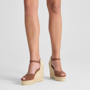 Alpargata de cuña 6 cm peep toe en lona de algodón con talonera trenzada