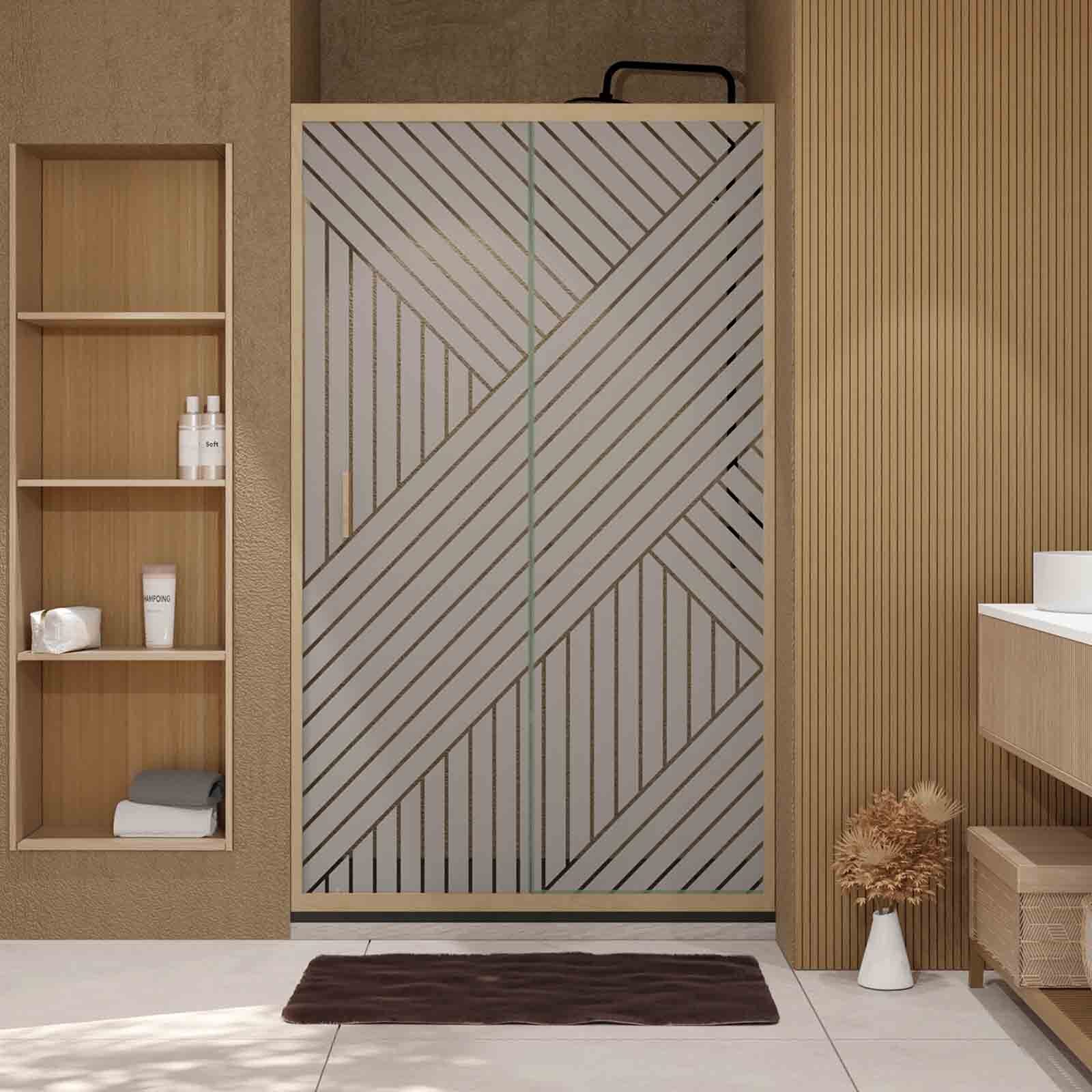 Porte de douche 120 coulissante HINATA - style Japandi géométrique - Cadre effet Bois - Verre 6mm