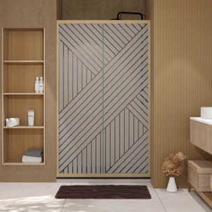 Porte de douche 120 coulissante HINATA - style Japandi géométrique - Cadre effet Bois - Verre 6mm