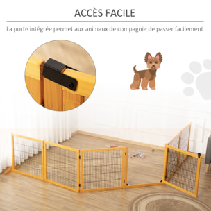 Barrière de sécurité parc enclos chien modulable pliable porte verrouillable intégrée 5 panneaux grillage acier noir bois de pin verni