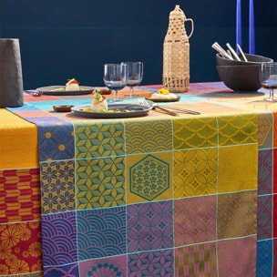 Chemin de table pur coton motif jacquard orange violet Mille hana floralies