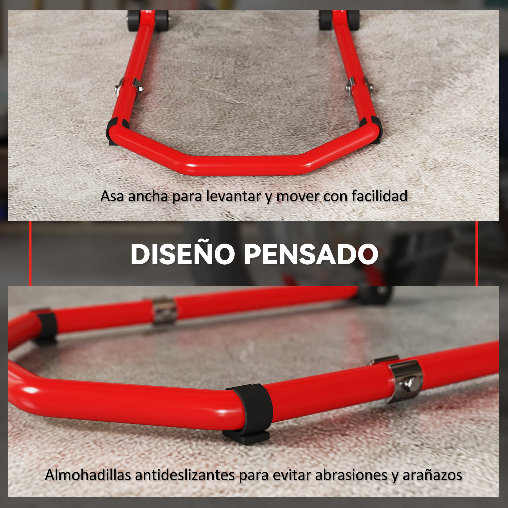 Caballete Moto Elevador Universal Carga 390 kg Soporte Rueda Delantera y Trasera Motocicleta Convertible con Adaptadores de Horquillas en U y L Ajustables y Ruedas para Reparación Mantenimiento