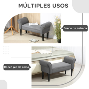 Banco Pie de Cama, Taburete Pie de Cama Tapizado en Lino Sintético con Patas de Madera, Reposabrazos y Asiento Acolchado, Estilo Moderno, Banco para Dormitorio, Entrada, Pasillo, Gris Oscuro