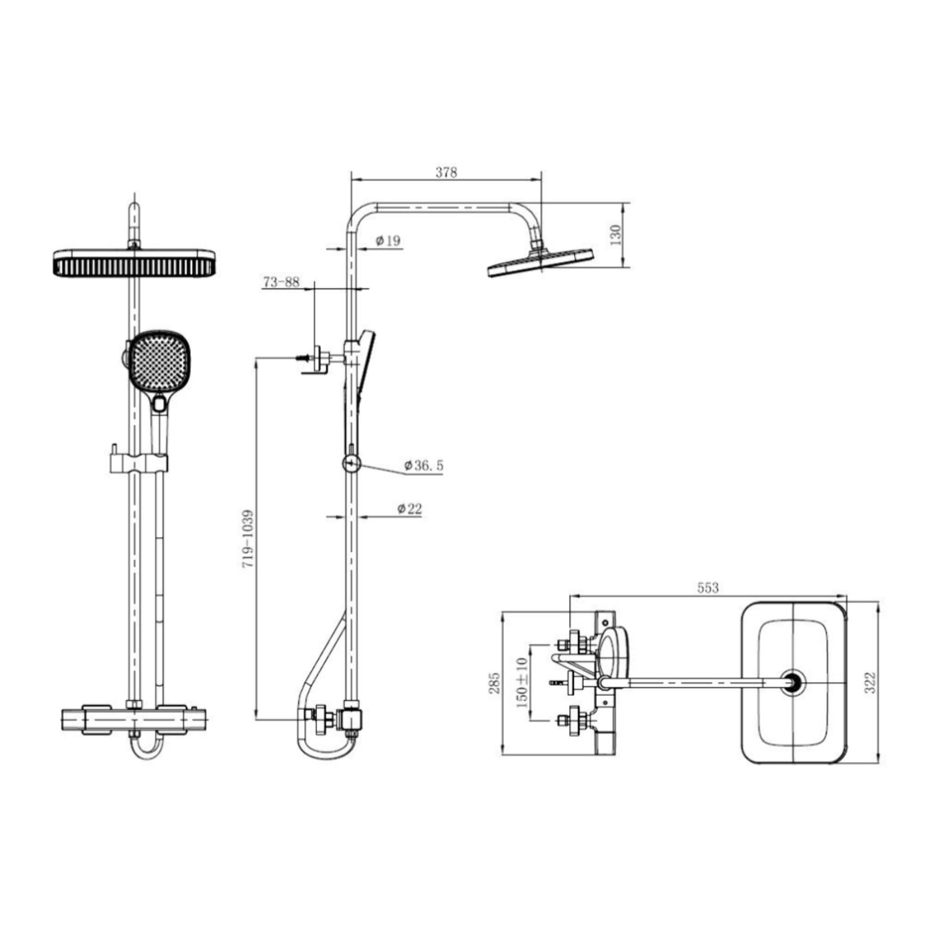 Set de douche avec mitigeur thermostatique + douche de tête + douchette 3 jets, noir mat (SATSSTZC)