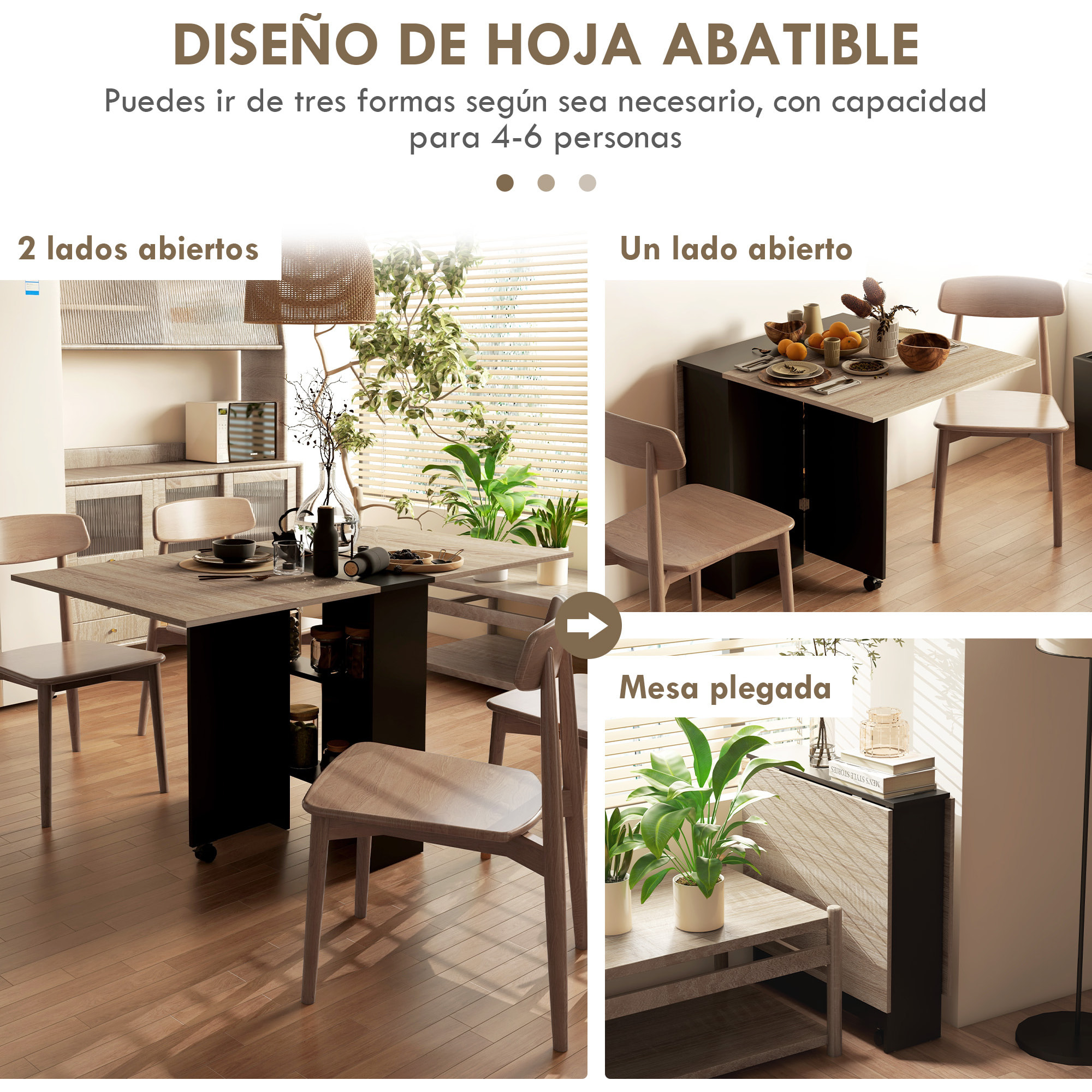 Mesa Plegable de Comedor Mesa de Cocina Plegable con Ruedas Alas Abatibles y Estantes Mesa Plegable para 4-6 Personas 75x140x74 cm Natural y Negro