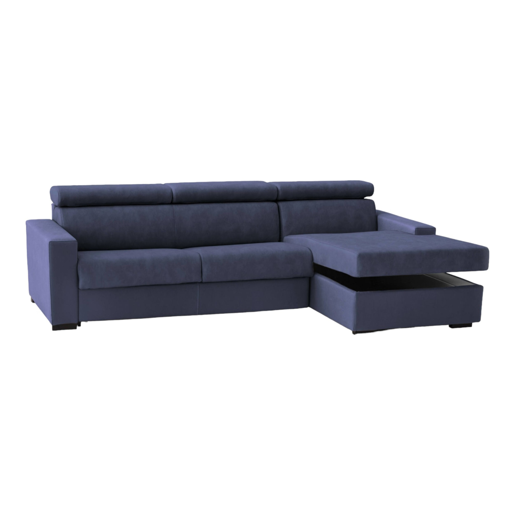 Divano fisso Marica, Divano ad angolo, 100% Made in Italy, Sofà Soggiorno con chaise longue, in tessuto imbottito - Penisola contenitore Destra, con Braccioli standard, Cm 280x95h85, Blu