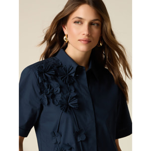 Oltre - Vestido camisero con flores aplicadas - Azul