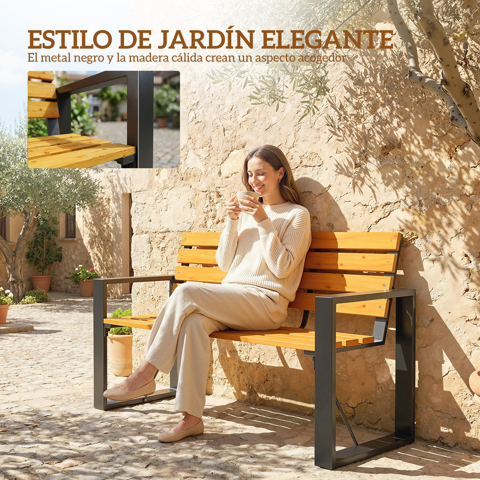Banco de Jardín Exterior de 2 Plazas, Banco Exterior con Respaldo y Asiento Listonado de Madera, Reposabrazos y Marco de Acero, para Patio, Terraza, 136x54x82 cm, Natural
