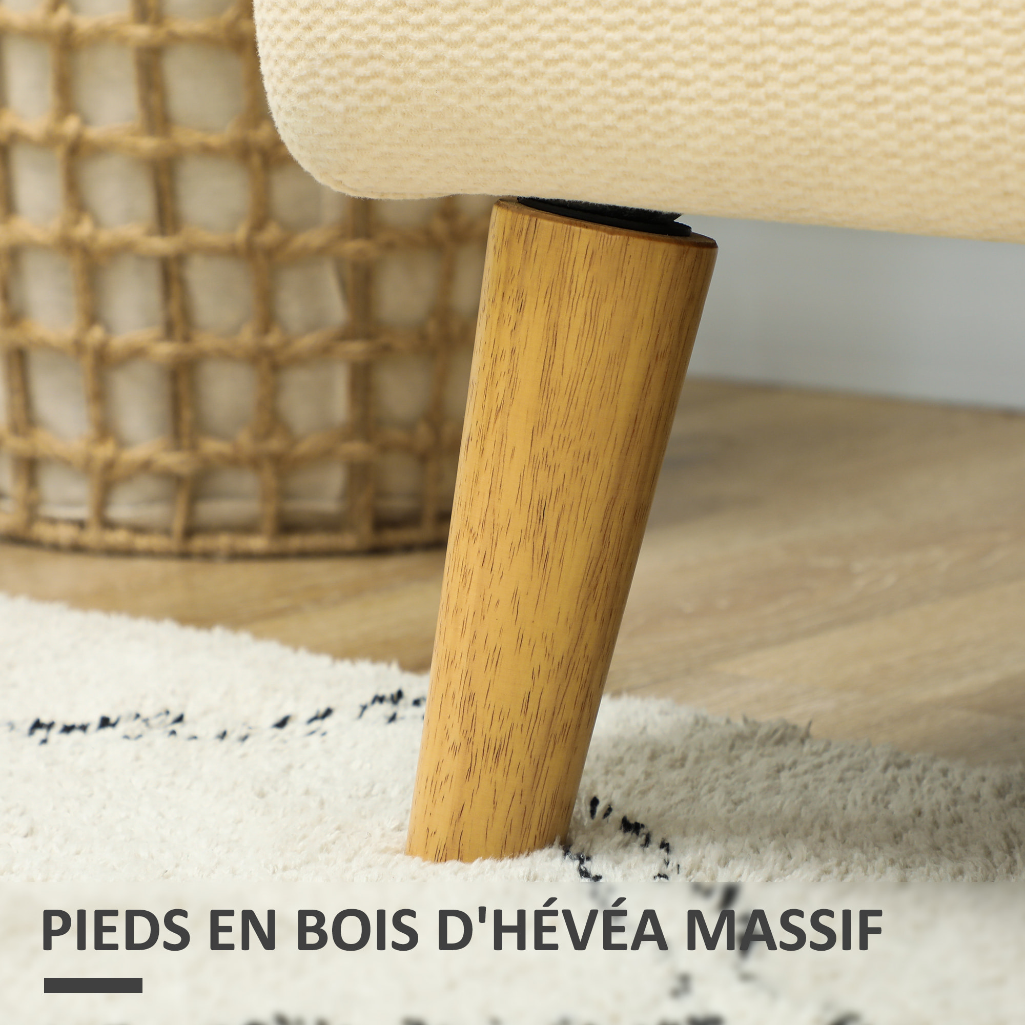 Canapé 2 places style scandinave - canapé droit fixe - piètement bois hévéa tissu beige