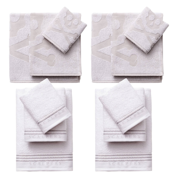 Juego de 4 sets de 3 toallas blancas (4x tocador 30x50cm + 4x manos 50x90cm + 4x baño 70x140cm) 450gsm en algodón scalpers home