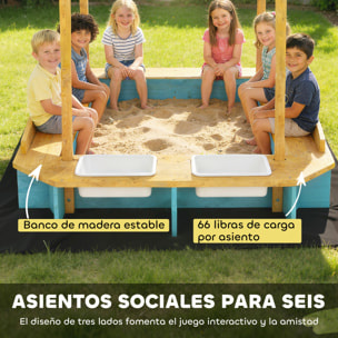 Arenero para Niños de Madera con Techo, Arenero Infantil con 3 Bancos, 2 Cajas de PP, Forro, Caja de Arena para Niños de 3-6 Años, para Patio, Jardín, Balcón, 128x118x121 cm, Azul