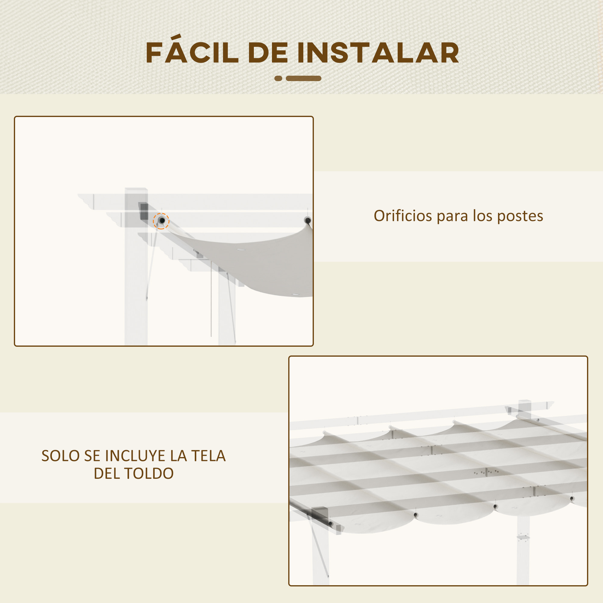 Cubierta de Pérgola Retráctil 2,5x2,55 m Toldo con 10 Orificios de Drenaje Crema