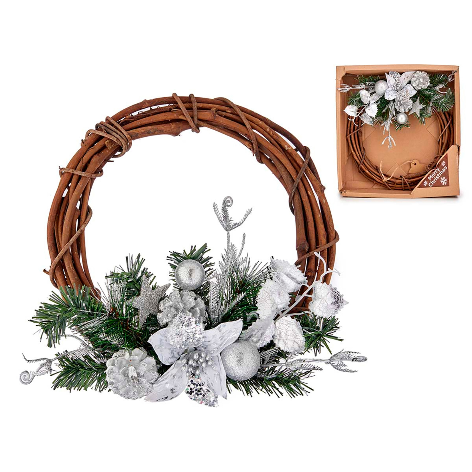 Corona decorativa navideña con estrella y bolas plateadas.