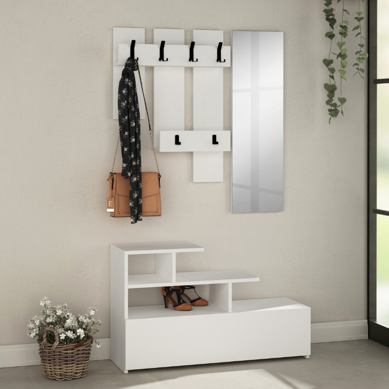 ACCRA - Meuble d'entrée effet bois avec porte manteau, rangement et miroir