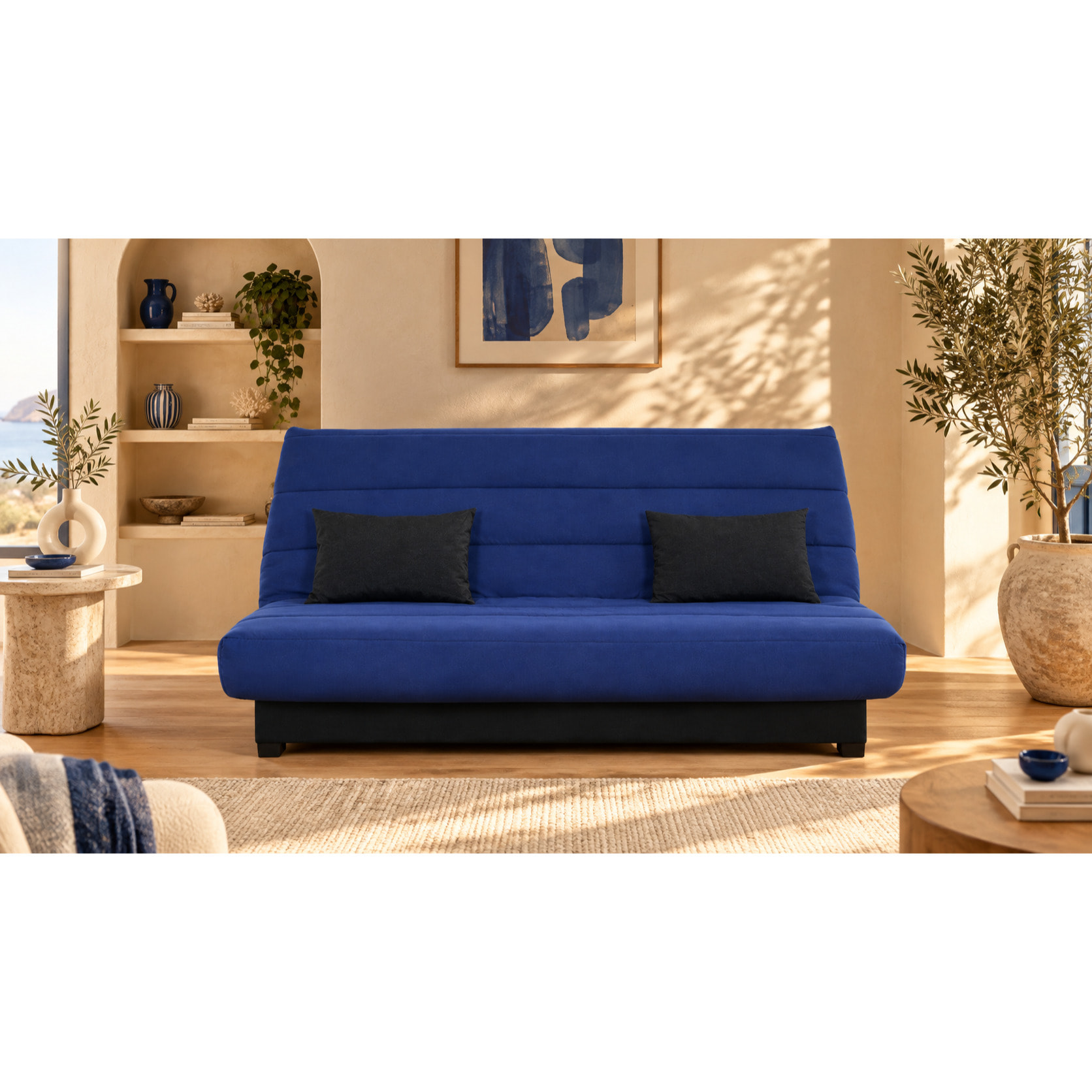 Canapé convertible Olivia, matelas Simmons, 130 x 190 cm, 2 coussins offerts, marine