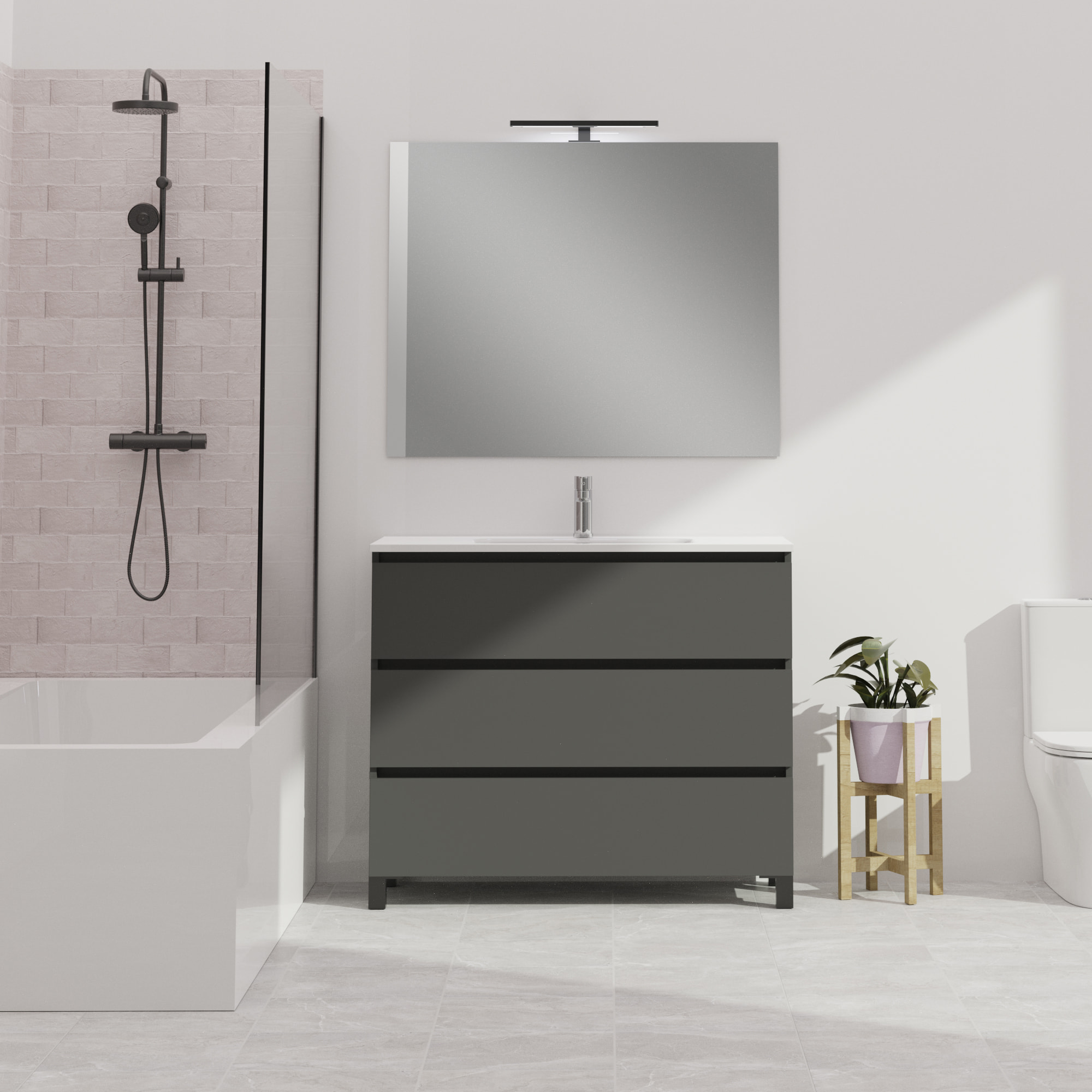 Ensemble De Salle De Bain Wink | 100 Cm Gris Mat | 3 Tiroirs | Vasque Ceramique | N'Inclut Pas Miroir | Mueble Montado | Alday