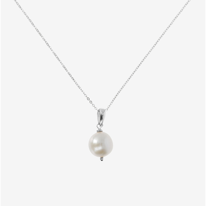 Collana Girocollo Catena Brillantina e Pendente in Perla Ming d'Acqua Dolce Bianca Ø 12/13 mm Placcata Oro Bianco in Argento 925 placcato Oro bianco 18Kt