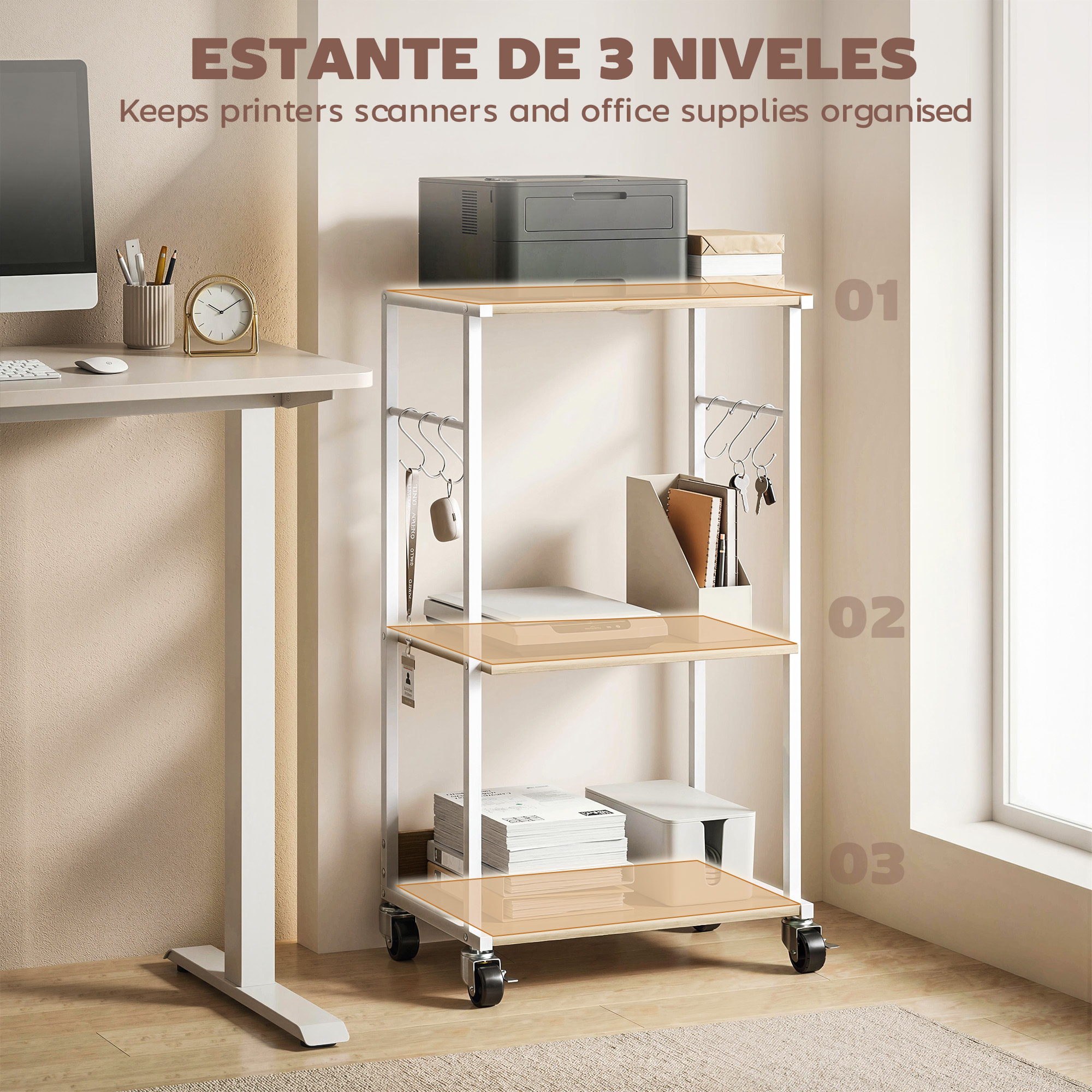 Soporte para Impresora de 3 Niveles con Ruedas, Mueble para Impresora con Ganchos y Marco Metálico, Estantería Multiusos para Oficina, Casa, Escuela, Madera Natural