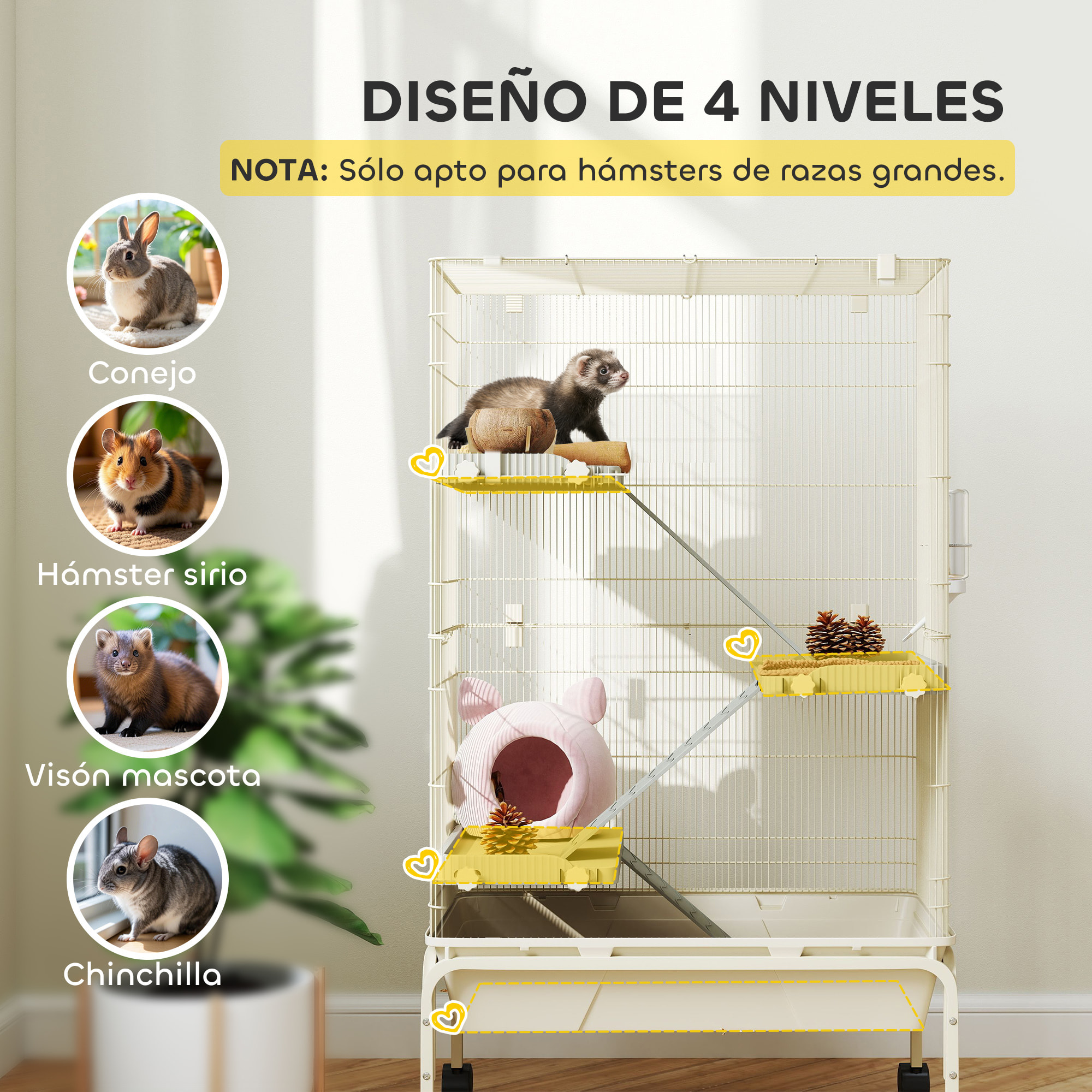 Jaula para Animales Pequeños de 4 Niveles Jaula para Roedores con Ruedas Rampas Cuenco Botella de Agua y Bandeja Extraíble Recinto para Conejos Chinchillas Hurones Cobayo 69x44x120 cm Beige