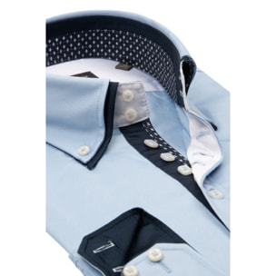 Camicia Uomo 2 Bottoni Button Down 7bottoni Doppio Coll Satin Unito Celeste
