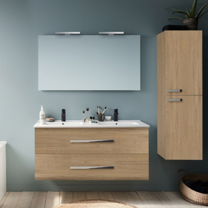 Meuble double vasque 120 cm Ola Up chêne + colonne + miroir et spots