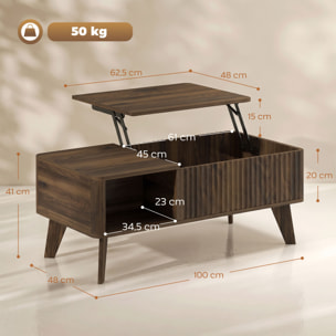 HOMCOM Mesa de Centro Elevable con Almacenaje, Mesa de Café para Salón con Compartimento Oculto, Estantes Abiertos, Frontal Ondulado y Esquinas Curvas, para Comedor, 100x48x41-56 cm, Nogal