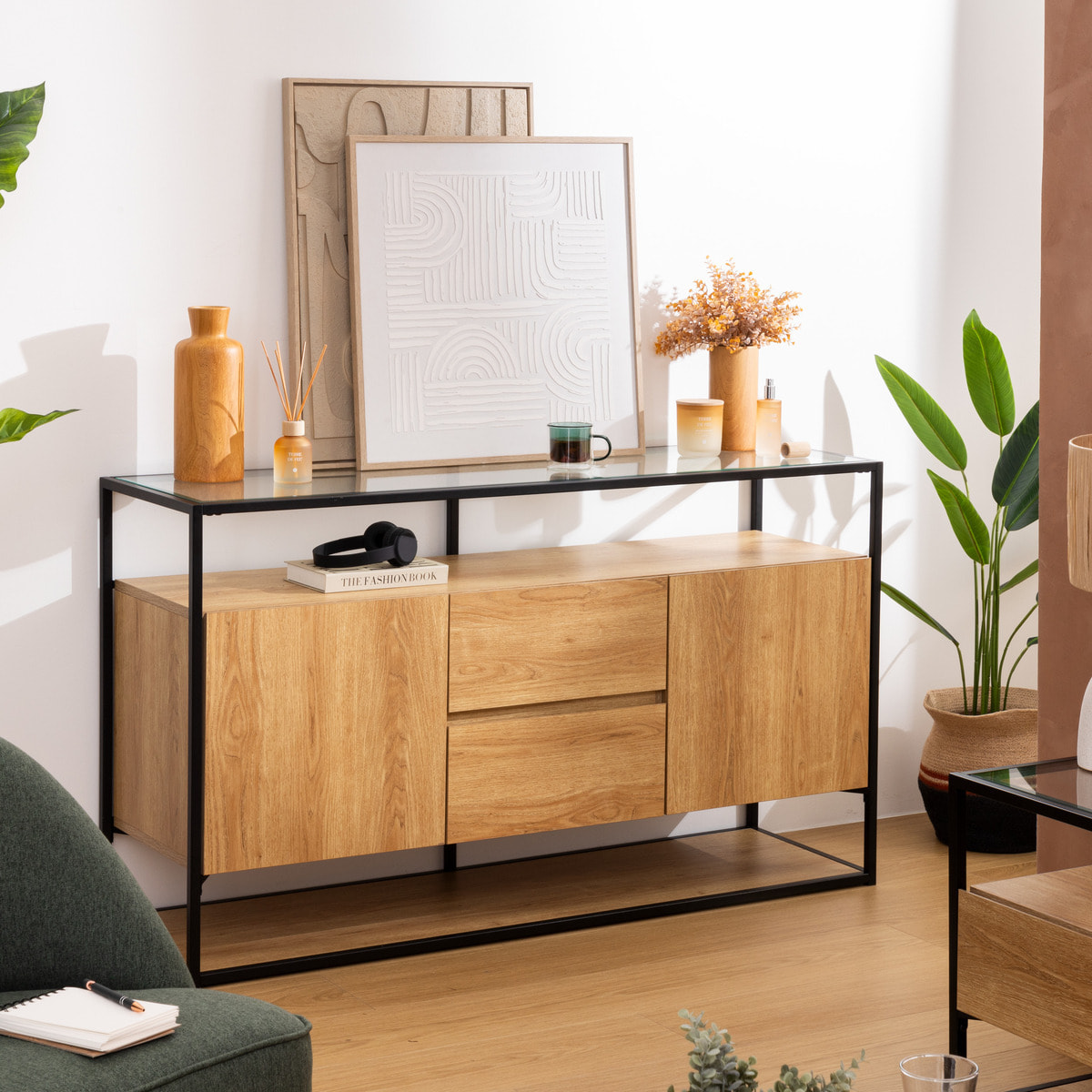 Buffet 2 portes "Aldea" métal et bois beige 140x80cm
