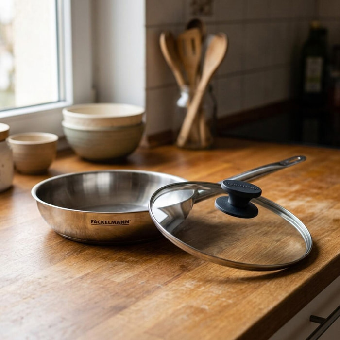 Set de 1 poêle en inox et couvercle en verre Fackelmann Eterna