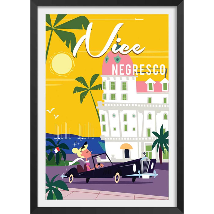 Affiche vacances à Nice Affiche + cadre en bois - Noir