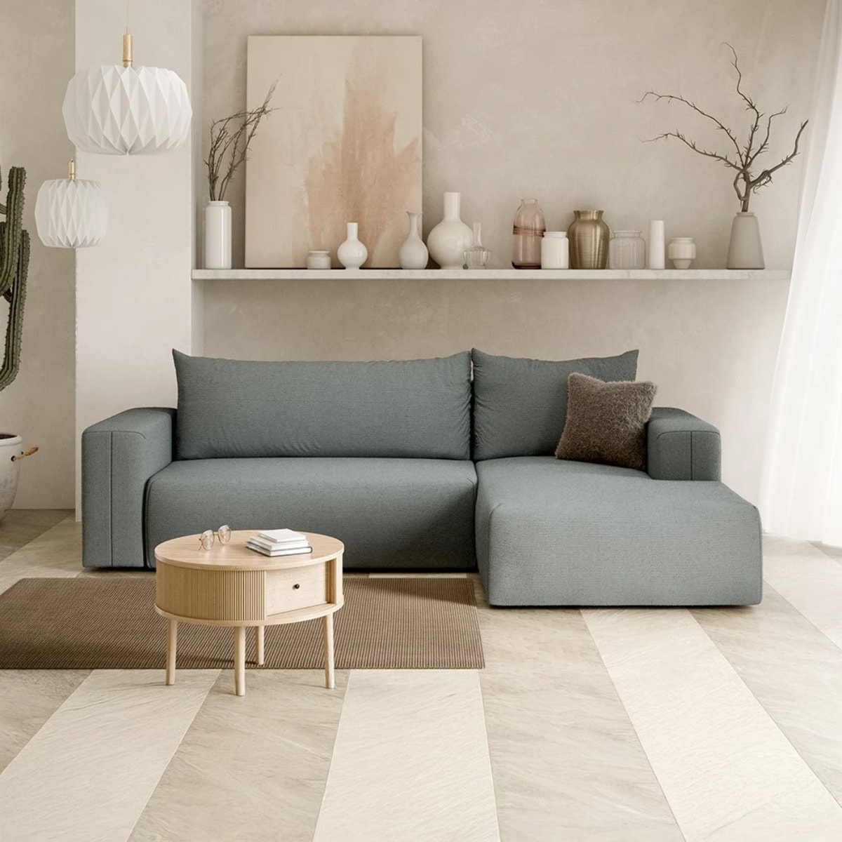 NALA - Canapé d'angle droit convertible 4 places en tissu gris clair