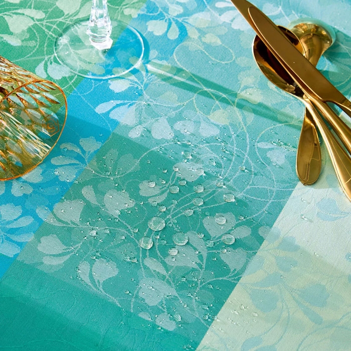 Nappe pur coton enduit motif jacquard bleu vert Mille feuillages turquoise