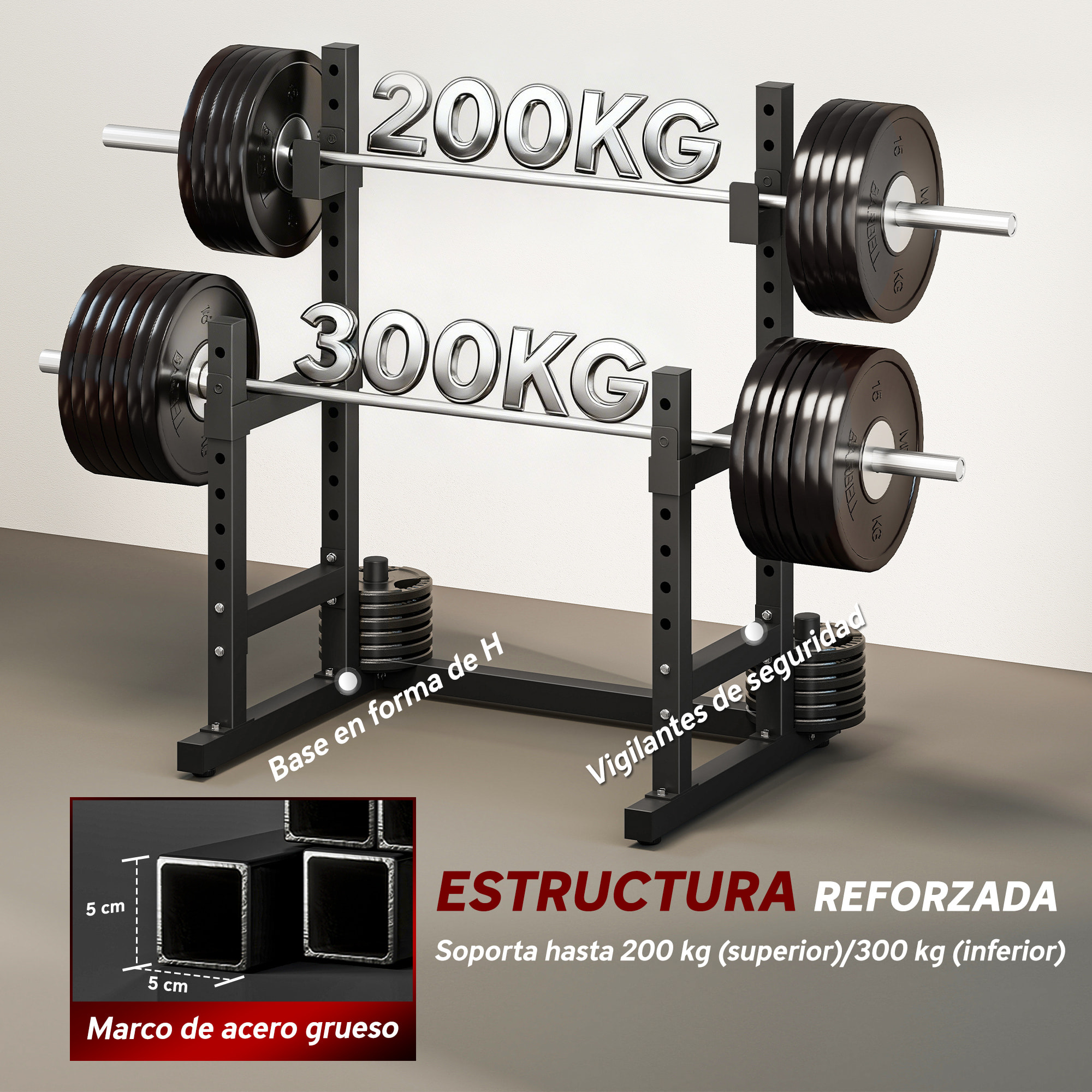 Soporte para Pesas Sentadillas, Soporte Barra Pesas Ajustable con Topes de Seguridad, Rack de Press de Banca Musculación en Casa Gimnasio, Carga 300 kg, Altura Regulable de 48-135/45-85 cm