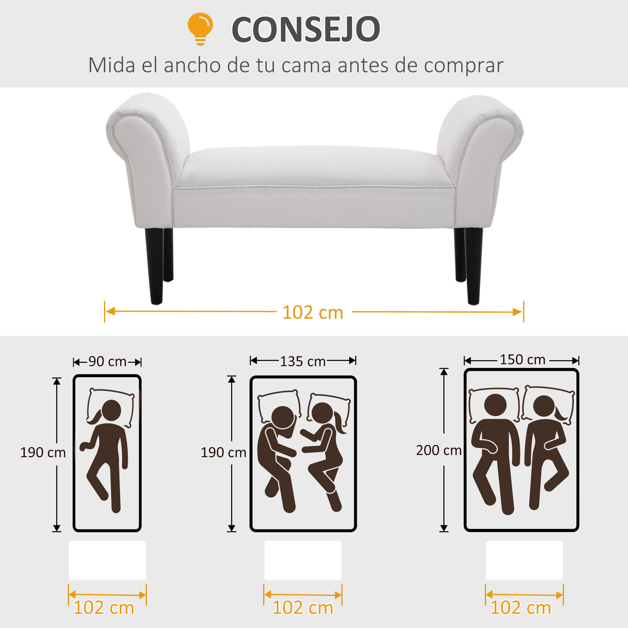 Taburete Pie de Cama Banqueta con Brazos Tapizada tipo Banco de Madera para Dormitorio Salón Recibidor 102x36x51cm Carga 130kg