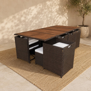 Salon de jardin 12 pl en résine marron et coussins beige + housse CASCO