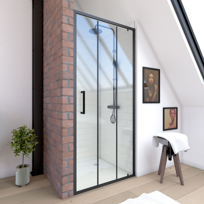 Porte de douche pivotante type industriel - 80x200cm - PROFILE NOIR MAT - verre 6mm