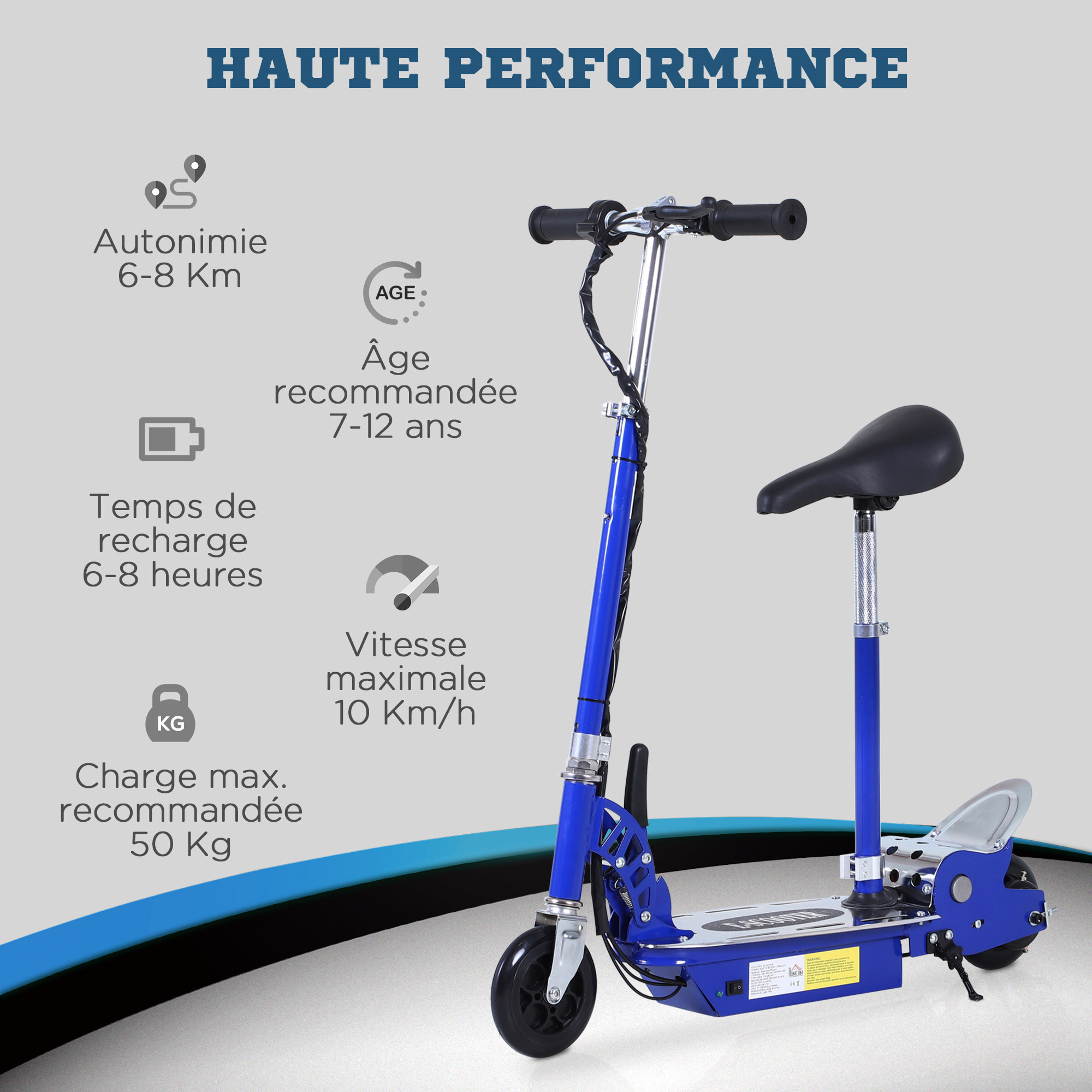 Trottinette électrique 120 W pliable pour enfant de 7 à 12 ans hauteur guidon et selle réglable 10 Km/h max. bleu