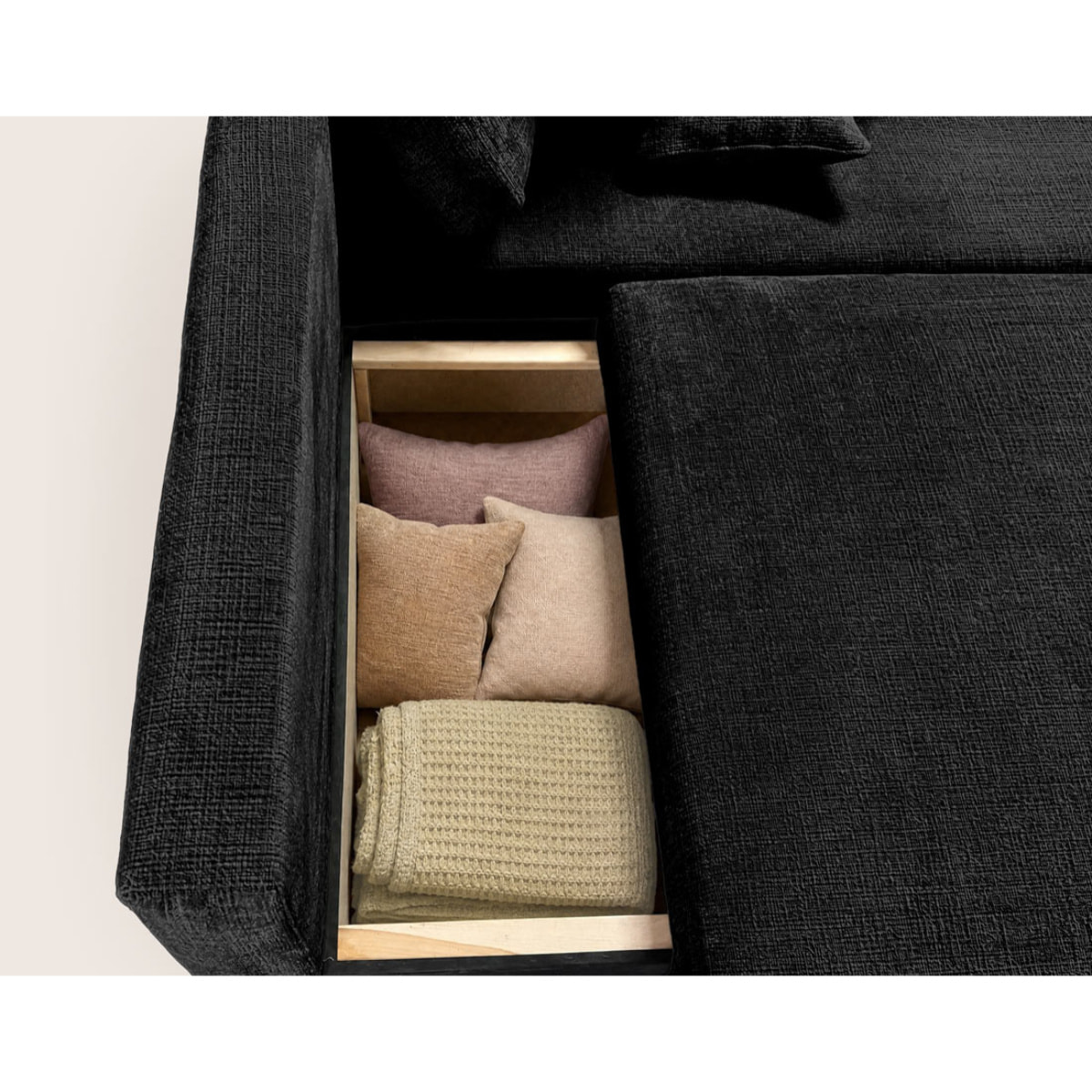 Miro - Canapé d'angle droit 4 places convertible avec coffre en velours texturé - Gris Anthracite