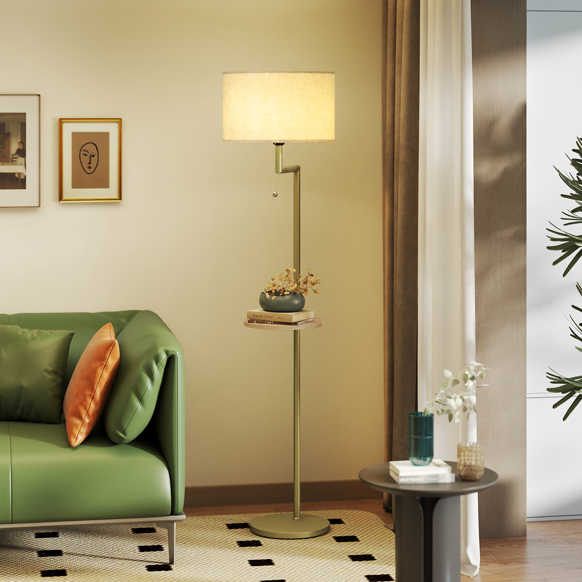Lámpara de Pie Moderna con Estante, Lámpara de Lectura de Pie 40 W con Pantalla de Lino Sintético Desmontable, Puerto USB, Interruptor de Cadena y Marco de Acero, para Salón, Dormitorio, Dorado
