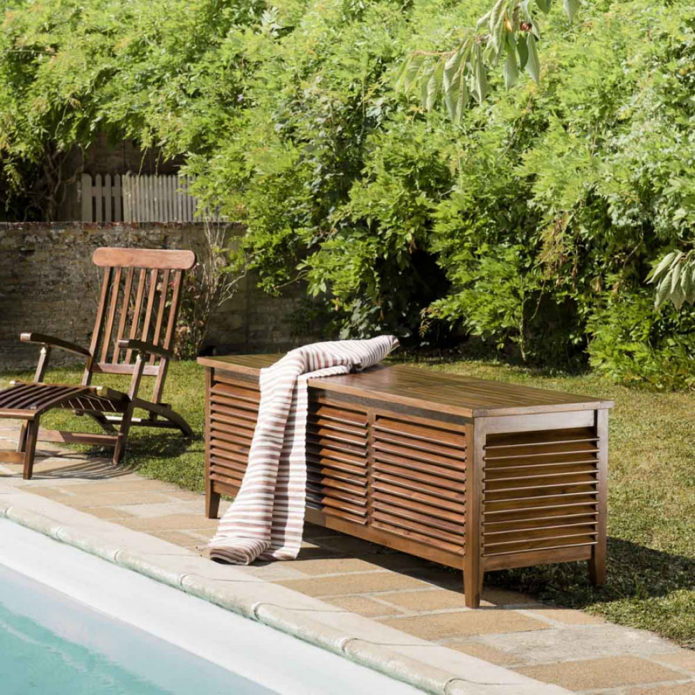 HANNA - Coffre de jardin piscine en bois teck huilé 200x55cm