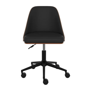 Chaise de bureau pivotante sur roulettes en bois foncé et PU noir - Georges