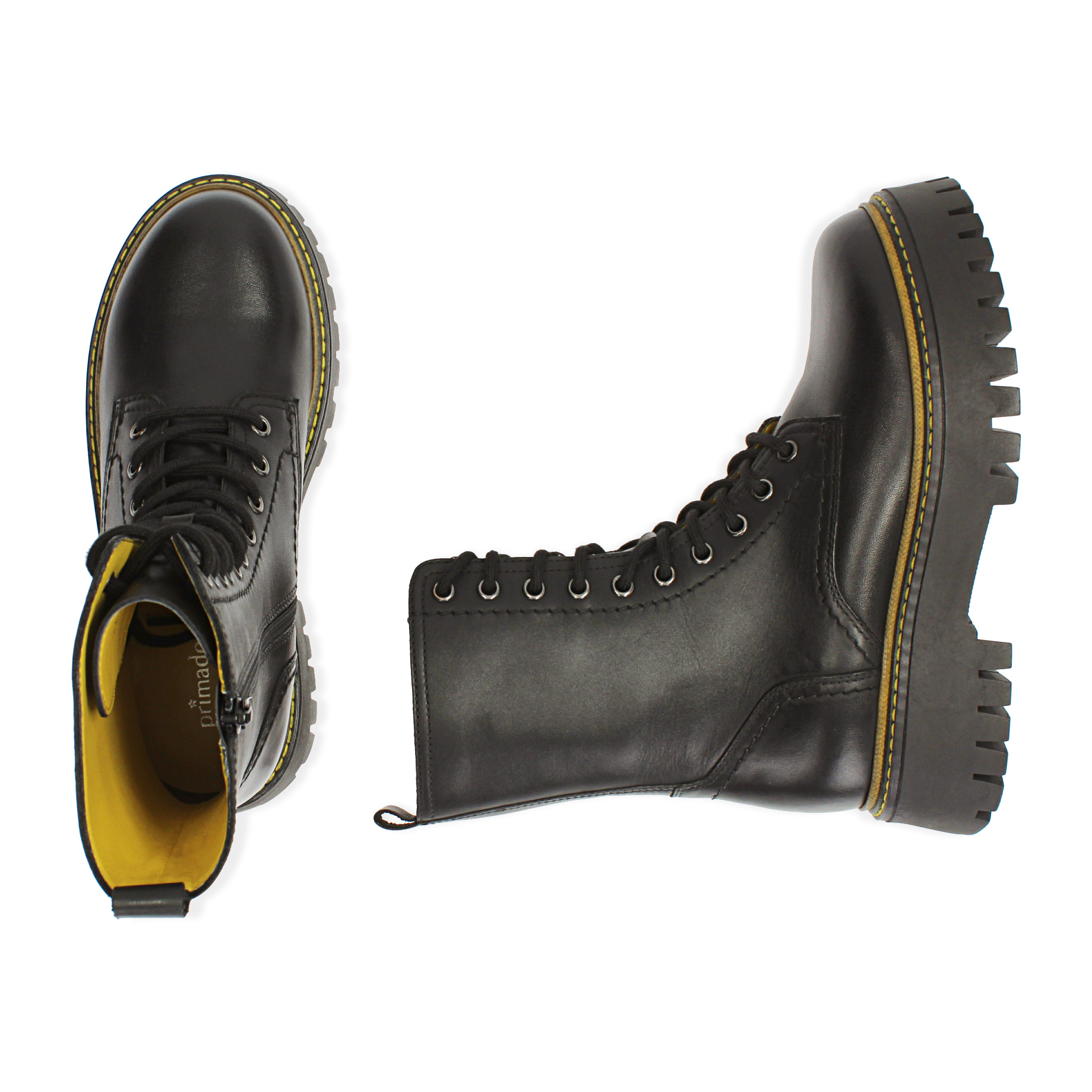 Botas militares de cuero negro/amarillo