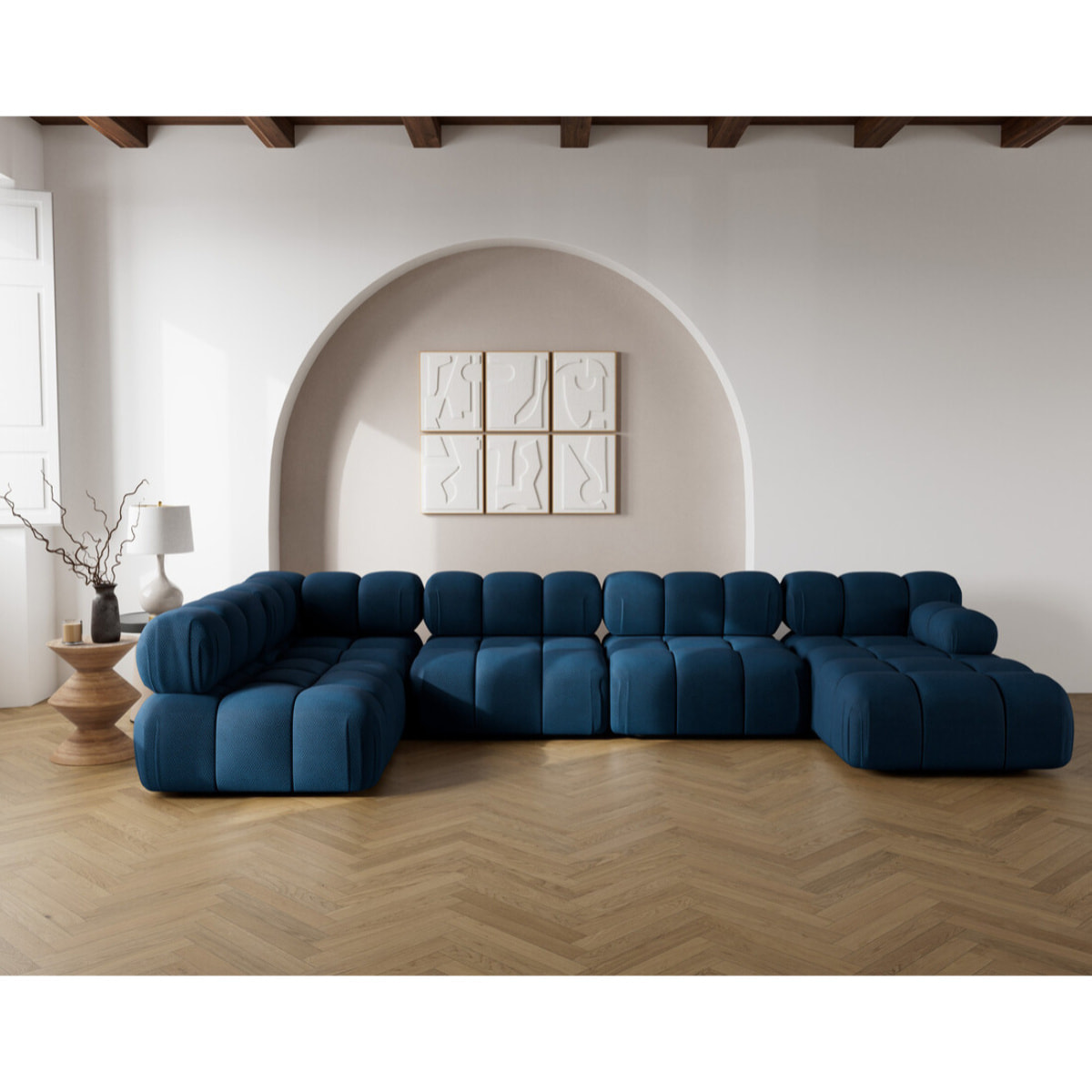 Ruby - canapé panoramique modulable d'angle gauche 7 places en velours texturé - Bleu