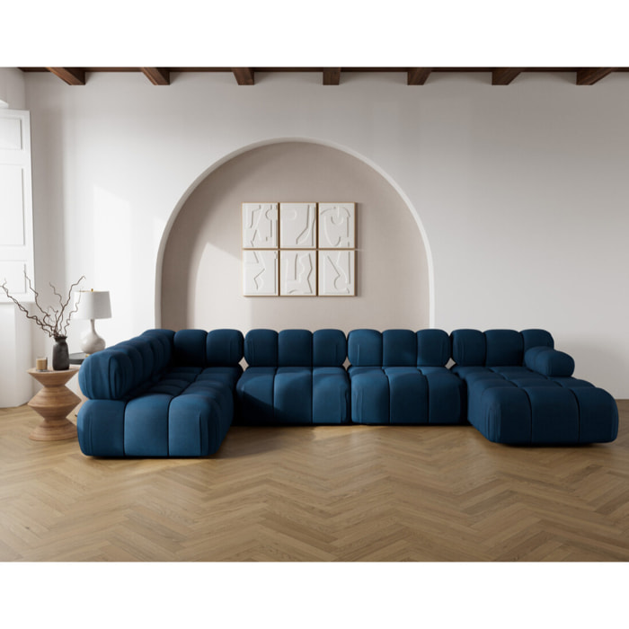 Ruby - canapé panoramique modulable d'angle gauche 7 places en velours texturé - Bleu