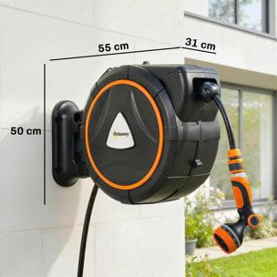 Enrollador de Manguera para Jardín 28+2 m con 12 Modos de Rociado, Carrete de Manguera de Jardín de Pared con Bloqueo Automático y Retracción Controlada, Soporte Orientable 180°, Naranja