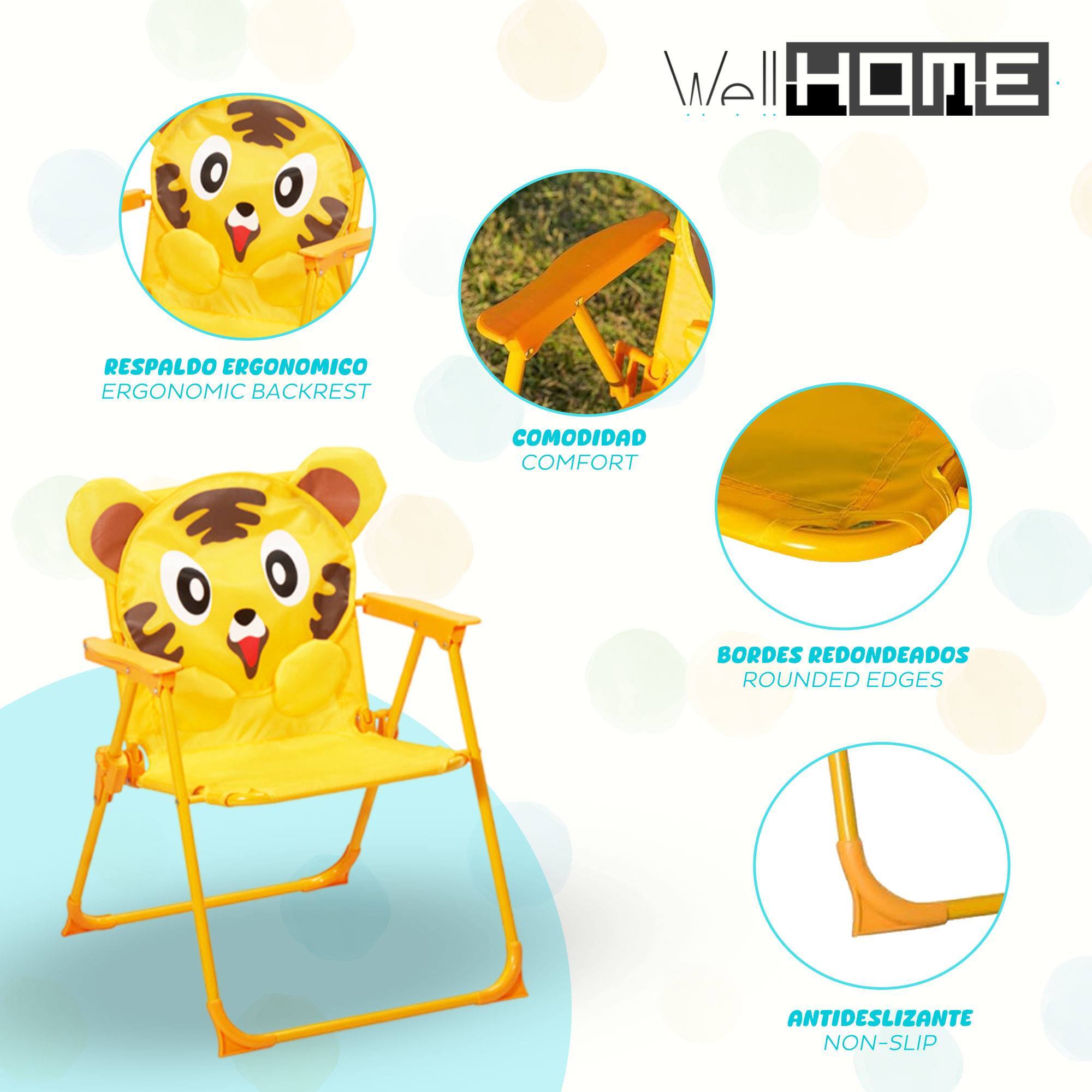 Well Home Conjunto jardín niños 4 piezas (mesa + 2 sillas + paraguas) diseño Tigre, plegable y ligero
