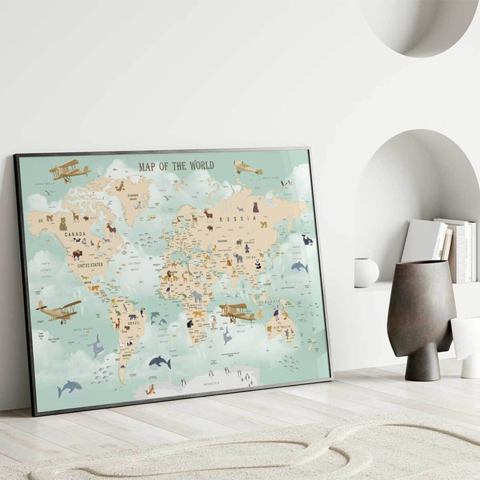 Affiche encadrée carte du monde animaux vintage Affiche + cadre en métal - Noir