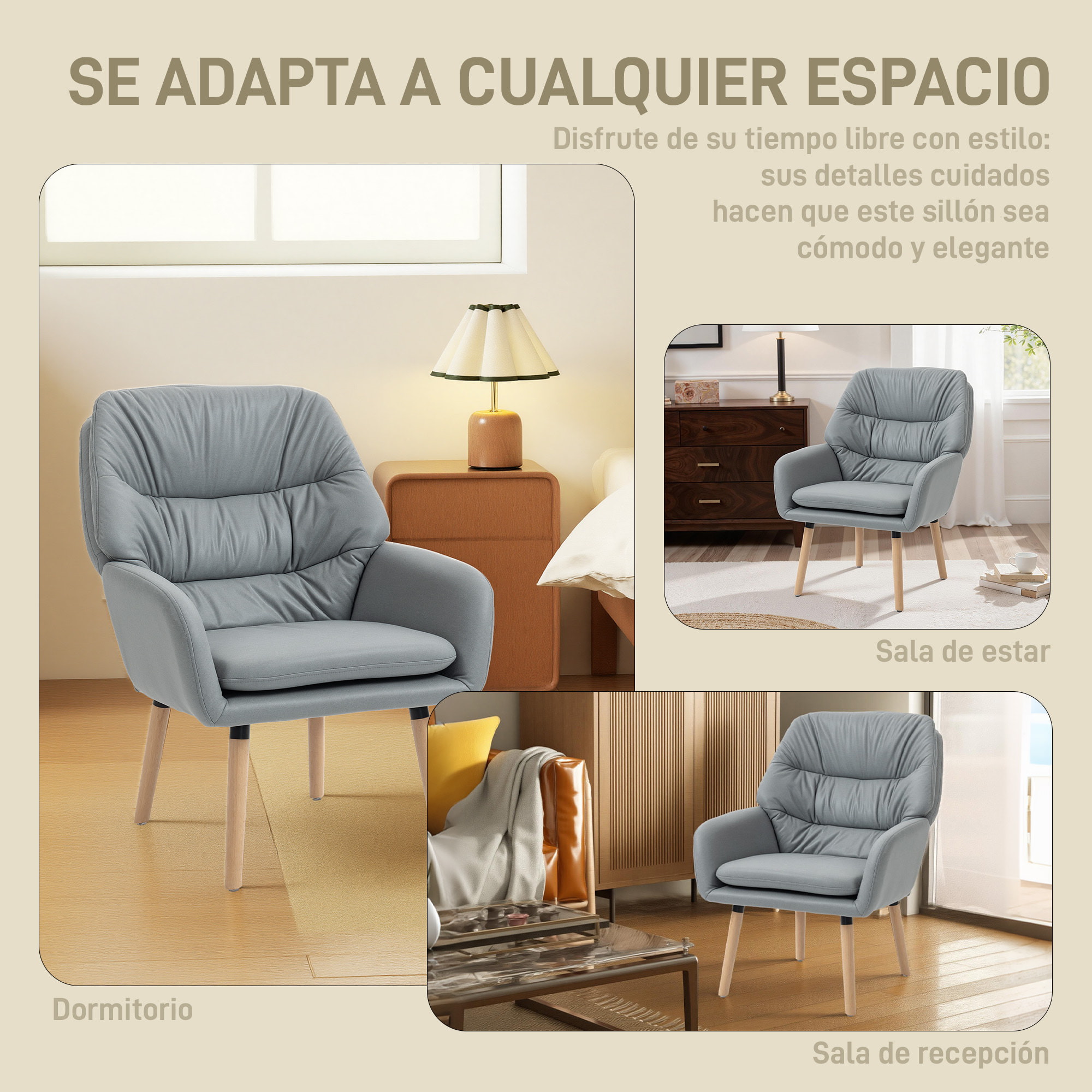 Sillón de Salón Moderno, Butaca de Salón, Acolchado de Doble Capa, Tapizado en Cuero Sintético, Patas de Madera, Sillón de Lectura para Dormitorio, Oficina, Estudio, 68x74x89 cm, Gris