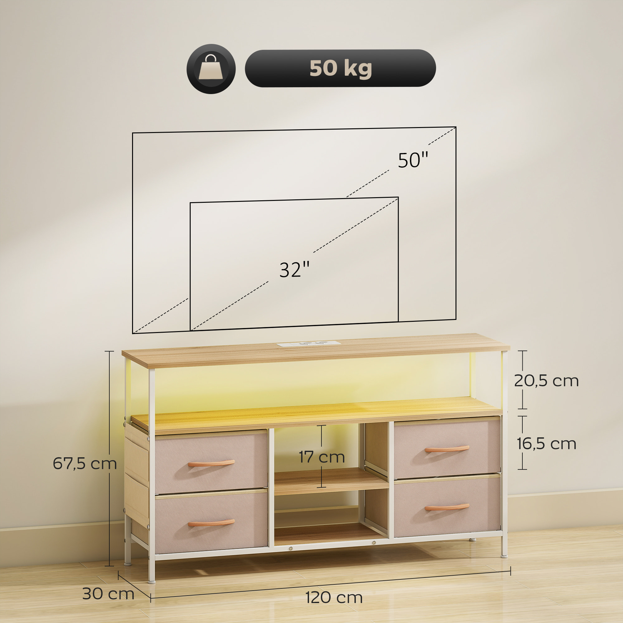 Mueble de TV con Luz LED, Mueble de TV para Salón con Enchufes, Puertos USB, Estantes Abiertos, 4 Cajones de Tela Plegables y Bolsillo, para Televisión hasta 50 Pulgadas, Beige y Natural