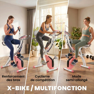 Vélo d'appartement pliant 8 niveaux de résistance magnétique dossier selle réglable poignées ergonomiques écran LCD multifonction suspensions support tablette acier rose blanc